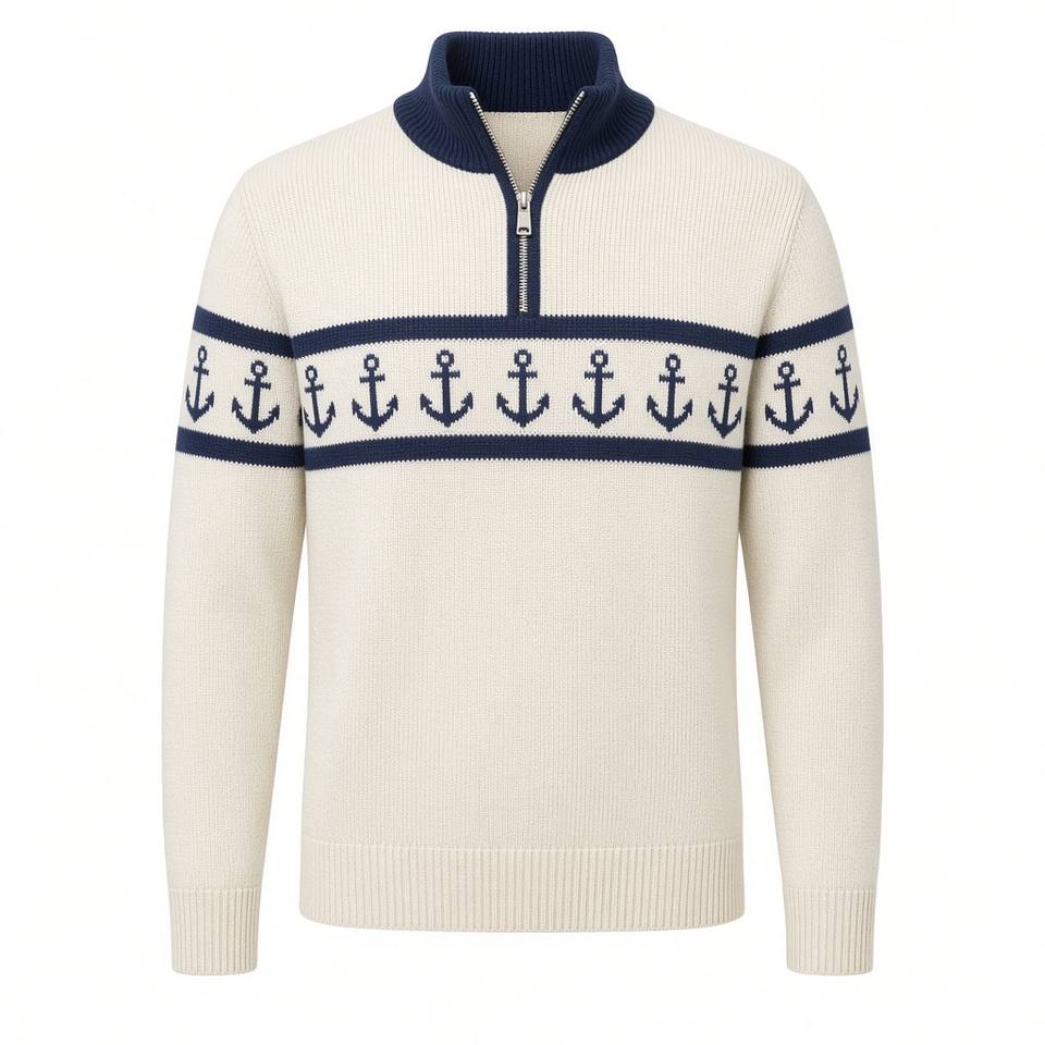 Anchor Band Knit Quarter-Zip – Ecru/Navy