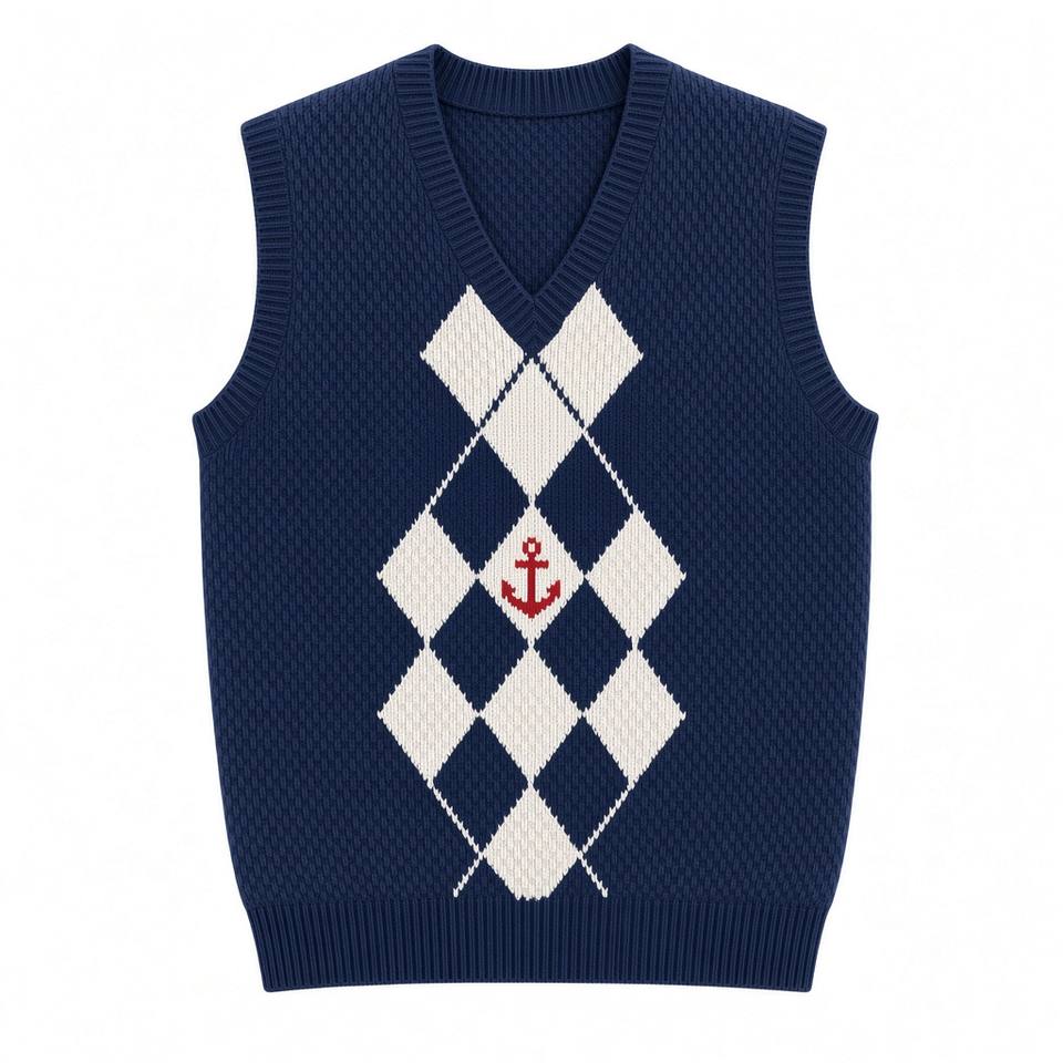 Anchor Argyle Knitted Vest – Navy